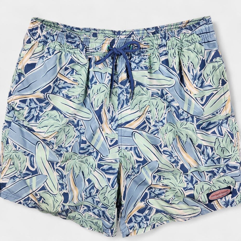 Vineyard Vines Swim Shorts Men's Large Blue/Green Tropical Surfboard Print
